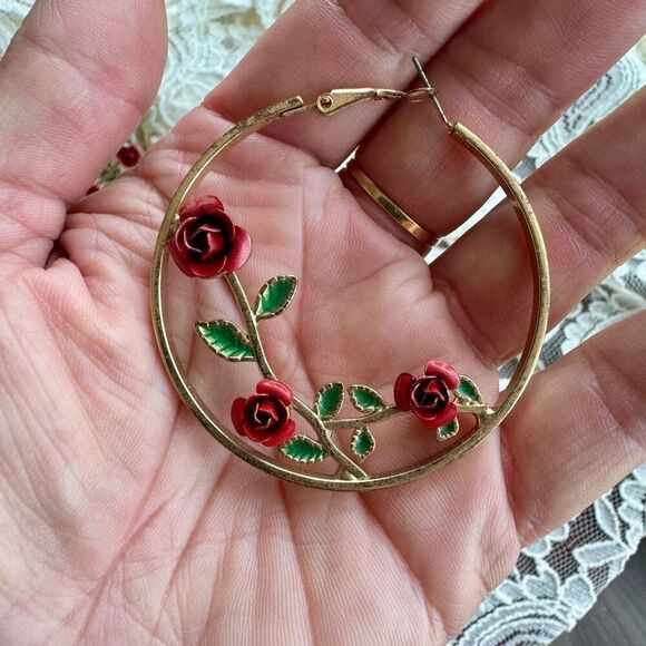 Gold Tone Rose Enamel Hoop Earrings - Picture 2 of 5